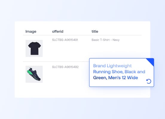 A user interface displaying product data for a t-shirt and a running shoe, with a popup showing an optimized title for the running shoe.