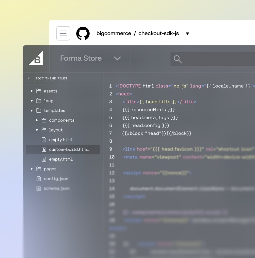 BigCommerce checkout SDK code editor displaying HTML template files and custom build directory tree.