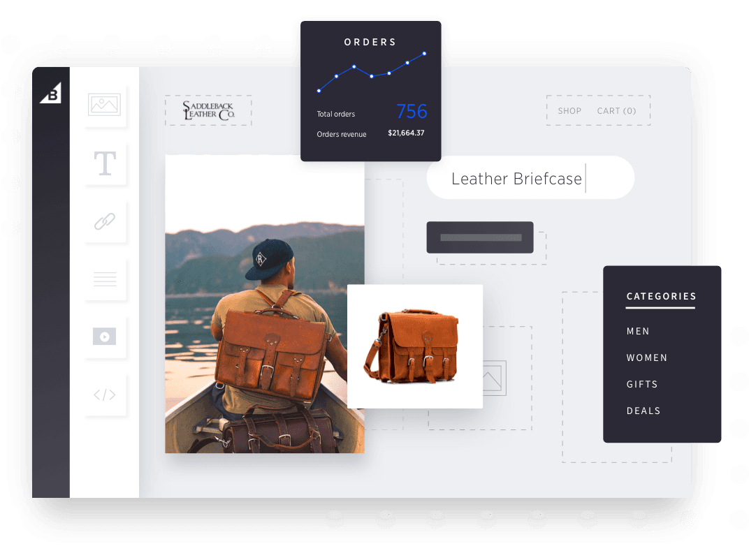 Ecommerce store builder interface for Saddleback Leather Co. showing page layout tools, an orders revenue graph, and product category configurations.