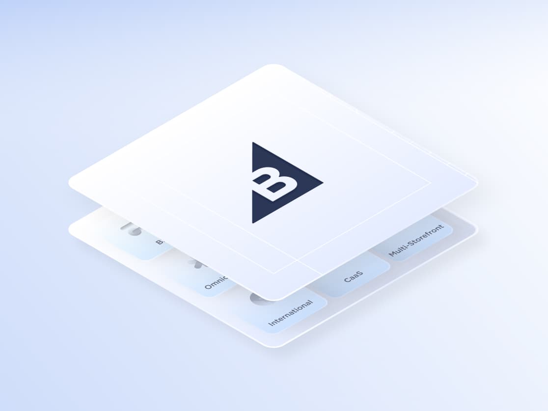 Stacked digital cards showcasing BigCommerce features including Multi-Storefront, CaaS, and International.